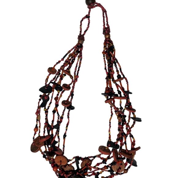 Handmade Multilayer Red & Black Beaded Necklace With Wooden Accents A583 - Picture 2 of 5